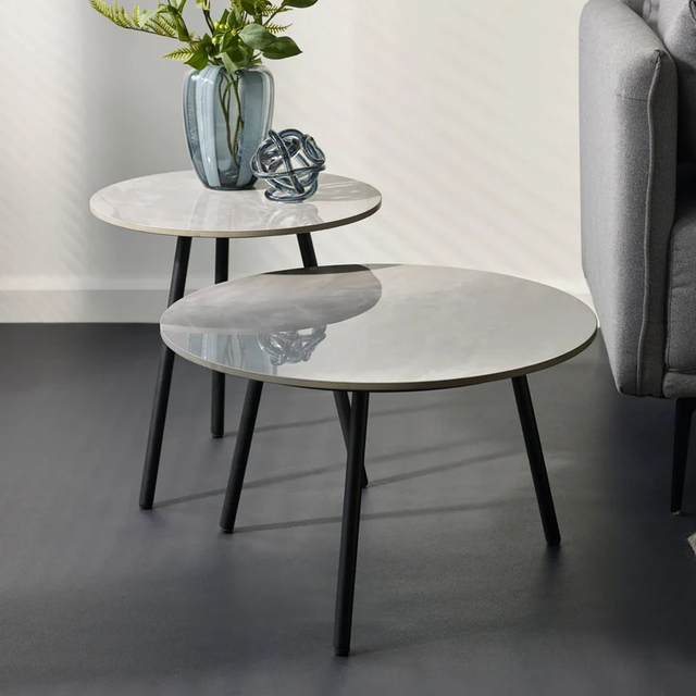 Casper Round Side Tables Set of 2 Grey and Black Sintered Stone