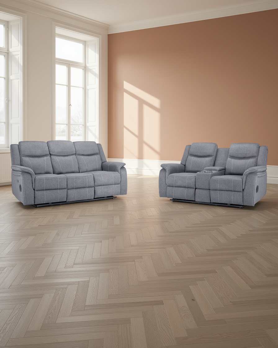 Porto Tech Recliner Sofa Grey Fabric 3+2 Seater